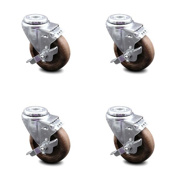 4 Inch High Temp Glass Filled Nylon Wheel Swivel Bolt Hole Caster Set with Brake